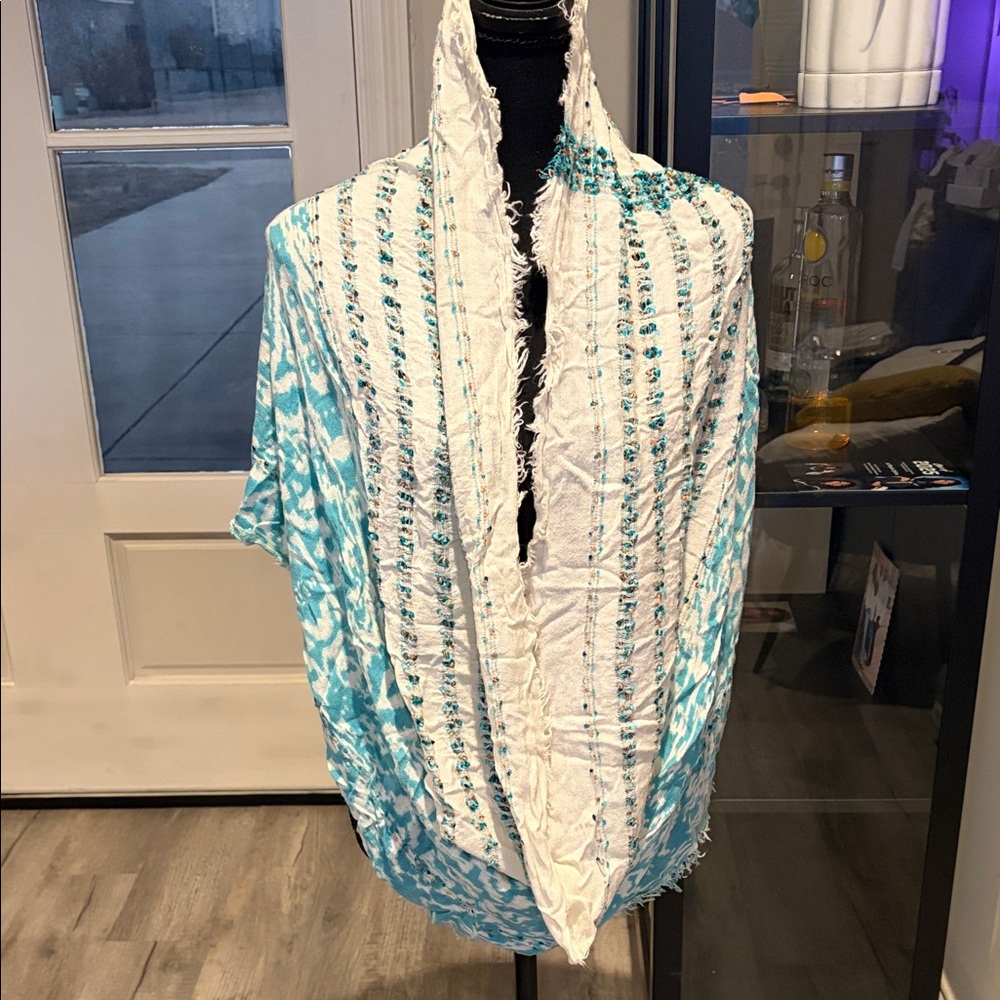 Charming Charlie Blue and White Patterned Infinity Scarf